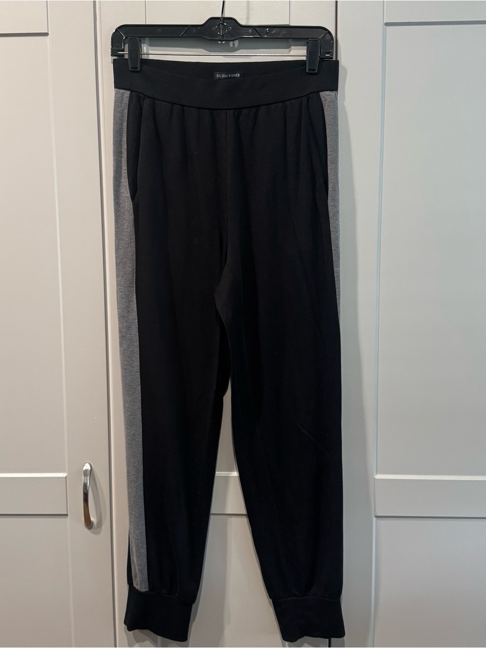 Eileen Fisher Black Jogger Pants with Gray Side Stripe